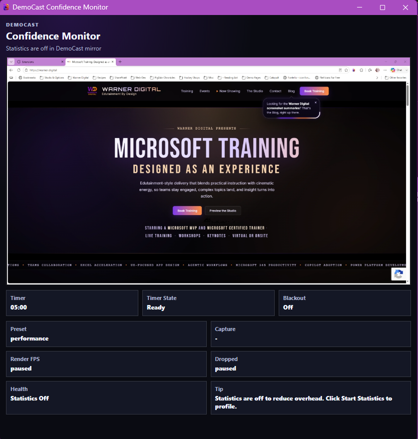 DemoCast Confidence Monitor showing the audience preview, timer, blackout state, and capture health tiles