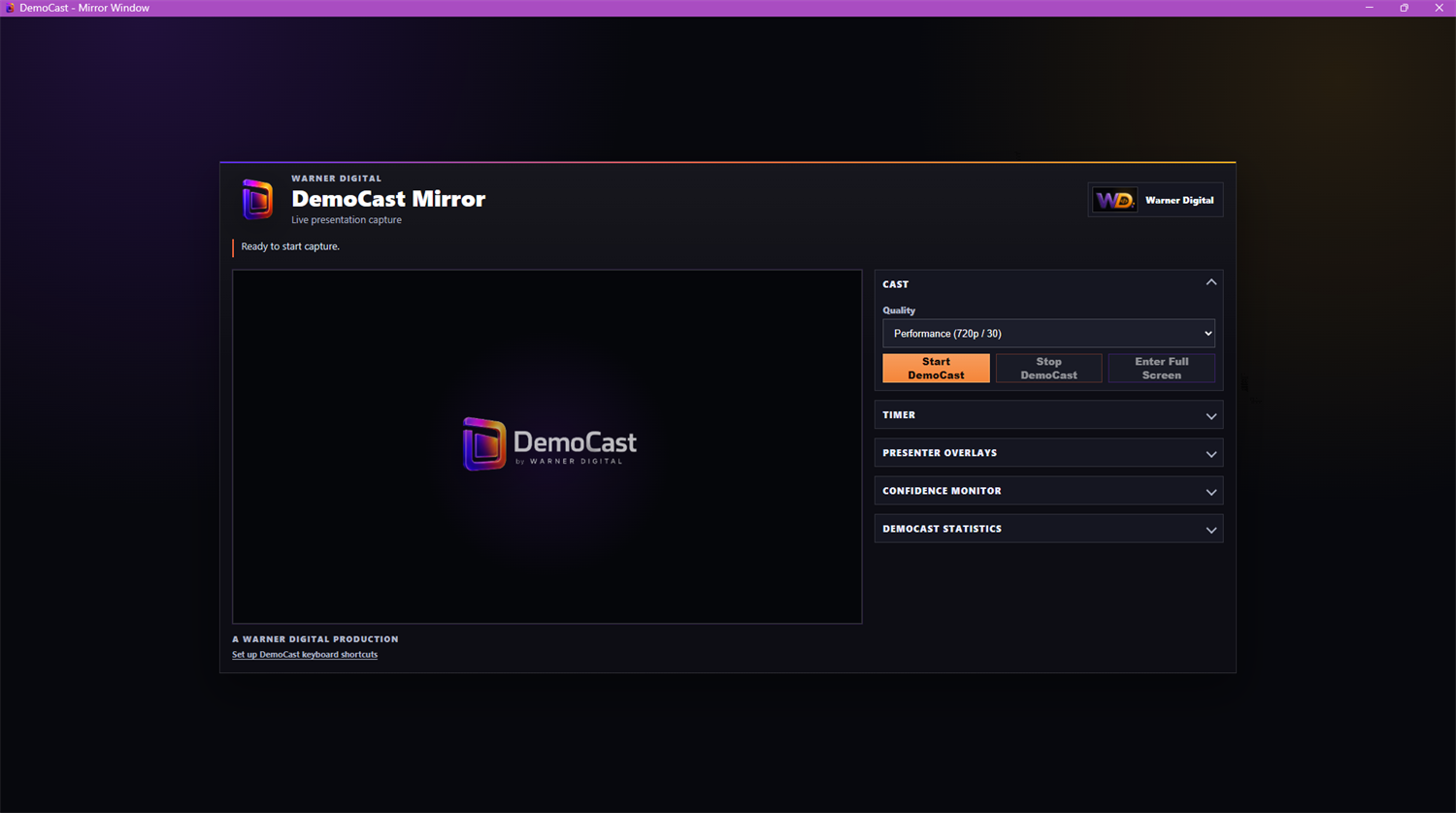 DemoCast mirror window control surface with capture, timer, and presenter controls