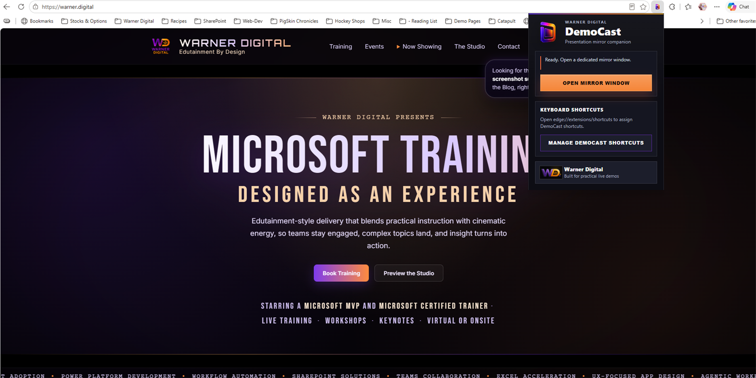 DemoCast toolbar popup with an Open Mirror Window button and shortcut management