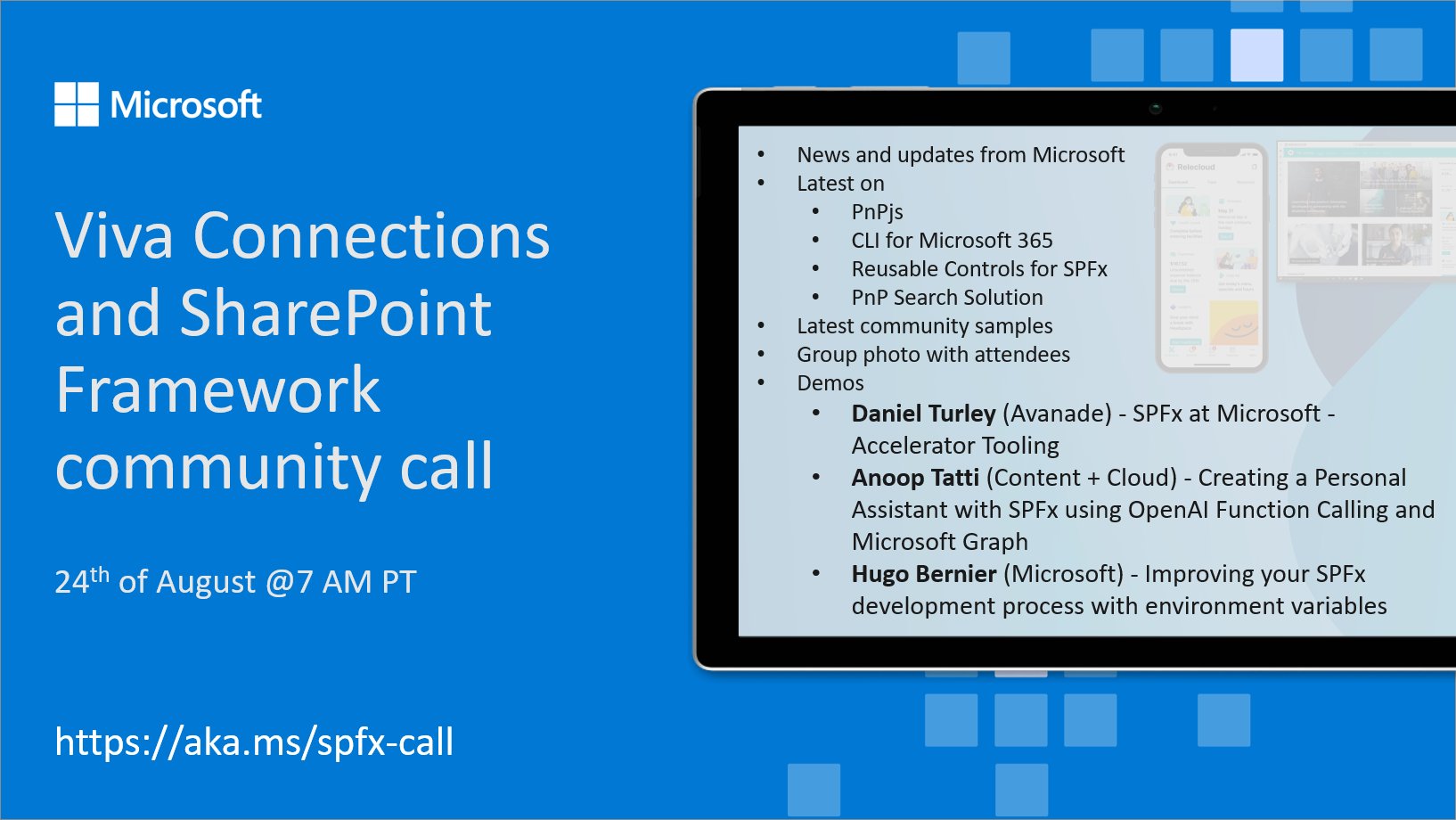 SharePoint PnP Viva Connections & SPFx JS SIG Call – August 24th, 2023 – Screenshot Summary