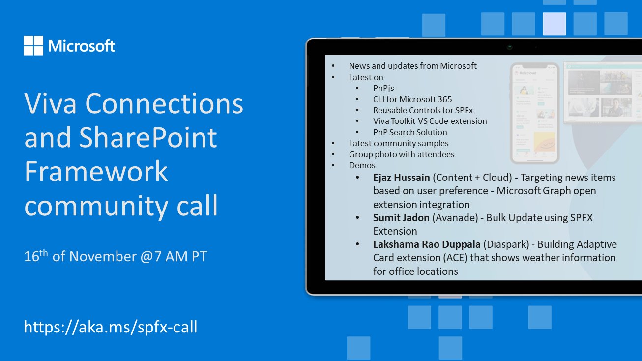 SharePoint PnP Viva Connections & SPFx JS SIG Call – November 16th, 2023 – Screenshot Summary